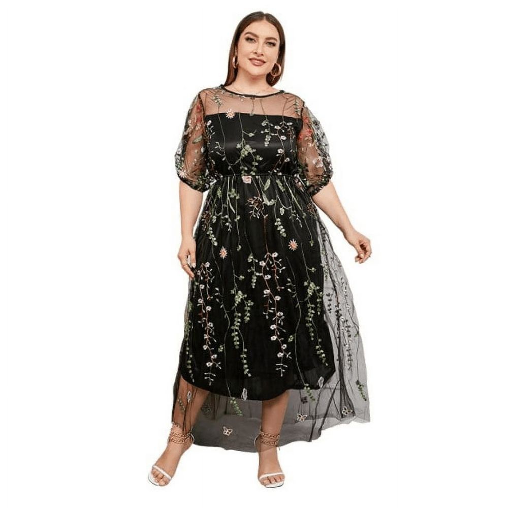Women's Plus Size Floral Embroidery Short Sleeve Mesh Dress Black 14W